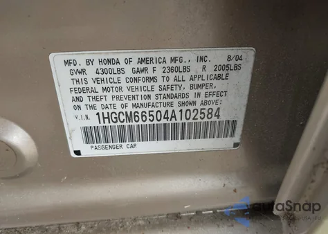 2004 Honda Accord 3.0 Ex из США, поврежденный, VIN 1HGCM66504A102584